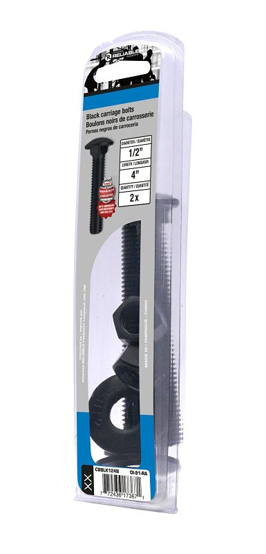 Reliable CBBLK124B Carriage Bolt, 1/2-13 Thread, Coarse, Full Thread, 4 in OAL, Steel, Rustproof, A Grade