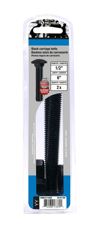 Reliable CBBLK126B Carriage Bolt, 1/2-13 Thread, Coarse, Full Thread, 6 in OAL, Steel, Rustproof, A Grade