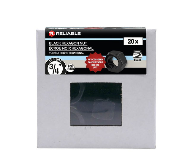 Reliable FHNCBLK34L Hex Nut, Coarse Thread, 3/4-10 Thread, Steel, ACQ Black Epoxy, 2 Grade
