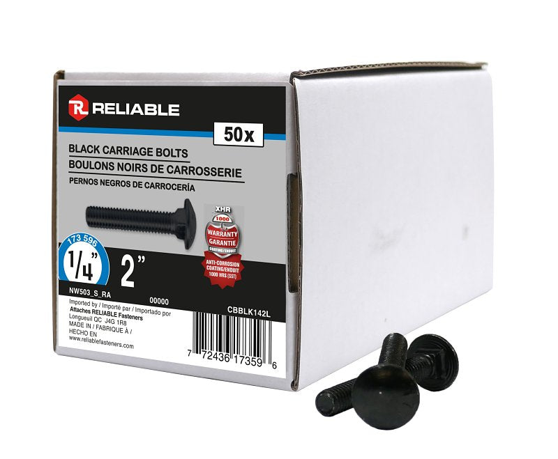 Reliable CBBLK142L Carriage Bolt, 1/4-20 Thread, Coarse, Full Thread, 2 in OAL, Steel, Rustproof, A Grade