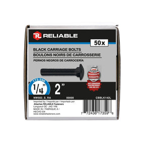 Reliable CBBLK142L Carriage Bolt, 1/4-20 Thread, Coarse, Full Thread, 2 in OAL, Steel, Rustproof, A Grade