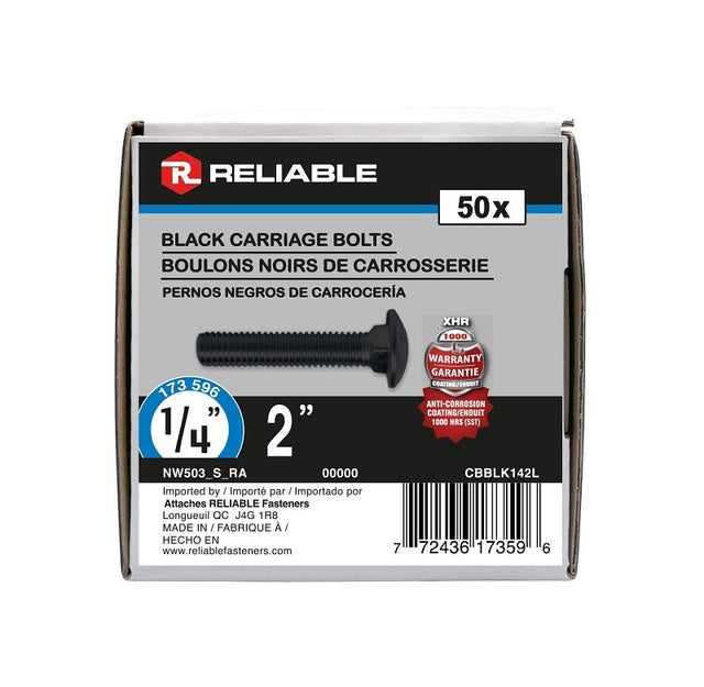 Reliable CBBLK142L Carriage Bolt, 1/4-20 Thread, Coarse, Full Thread, 2 in OAL, Steel, Rustproof, A Grade