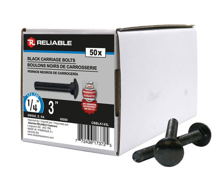 Reliable CBBLK143L Carriage Bolt, 1/4-20 Thread, Coarse, Full Thread, 3 in OAL, Steel, Rustproof, A Grade