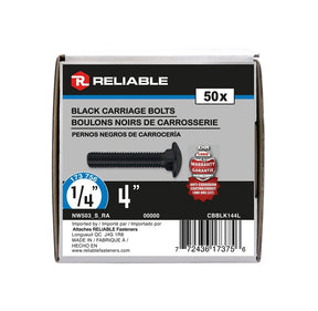 Reliable CBBLK144L Carriage Bolt, 1/4-20 Thread, Coarse, Full Thread, 4 in OAL, Steel, Rustproof, A Grade