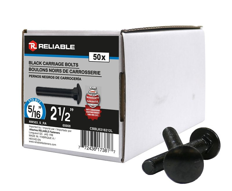 Reliable CBBLK516212L Carriage Bolt, 5/16-18 Thread, Coarse, Full Thread, 2-1/2 in OAL, Steel, Rustproof, A Grade