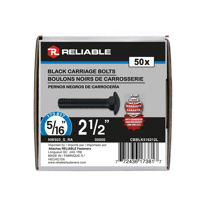 Reliable CBBLK516212L Carriage Bolt, 5/16-18 Thread, Coarse, Full Thread, 2-1/2 in OAL, Steel, Rustproof, A Grade
