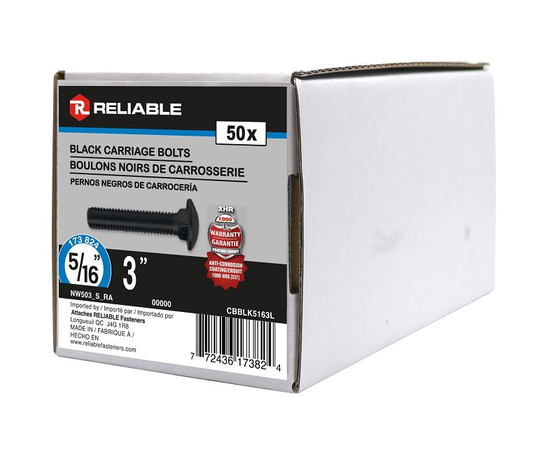 Reliable CBBLK5163L Carriage Bolt, 5/16-18 Thread, Coarse, Full Thread, 3 in OAL, Steel, Rustproof, A Grade