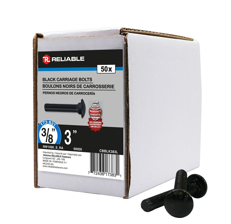 Reliable CBBLK383L Carriage Bolt, 3/8-16 Thread, Coarse, Full Thread, 3 in OAL, Steel, Rustproof, A Grade