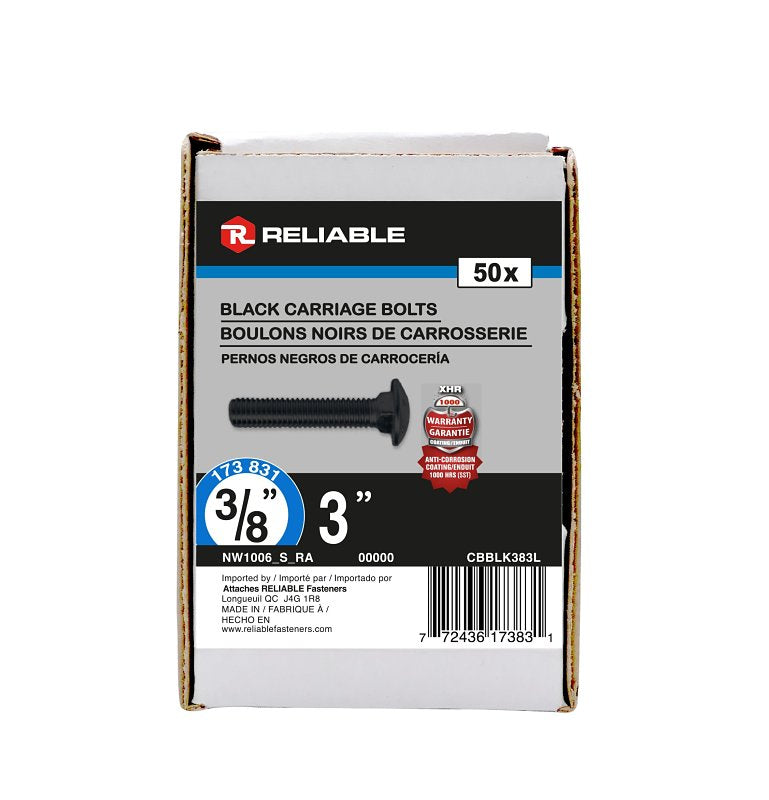 Reliable CBBLK383L Carriage Bolt, 3/8-16 Thread, Coarse, Full Thread, 3 in OAL, Steel, Rustproof, A Grade