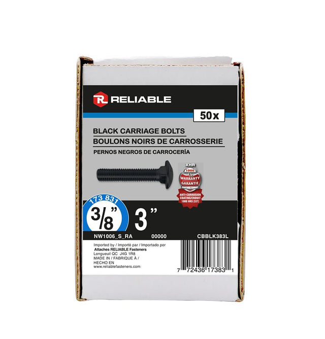Reliable CBBLK383L Carriage Bolt, 3/8-16 Thread, Coarse, Full Thread, 3 in OAL, Steel, Rustproof, A Grade