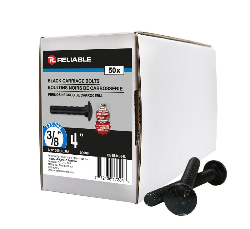 Reliable CBBLK384L Carriage Bolt, 3/8-16 Thread, Coarse, Full Thread, 4 in OAL, Steel, Rustproof, A Grade