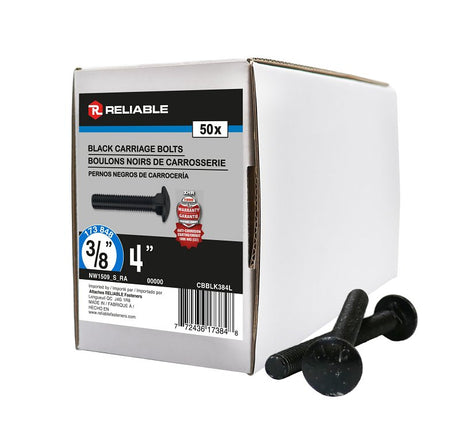 Reliable CBBLK384L Carriage Bolt, 3/8-16 Thread, Coarse, Full Thread, 4 in OAL, Steel, Rustproof, A Grade