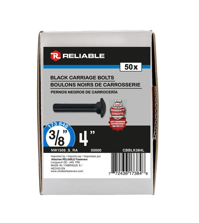 Reliable CBBLK384L Carriage Bolt, 3/8-16 Thread, Coarse, Full Thread, 4 in OAL, Steel, Rustproof, A Grade