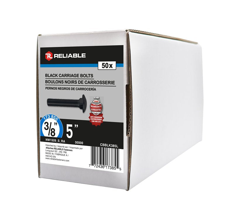 Reliable CBBLK385L Carriage Bolt, 3/8-16 Thread, Coarse, Full Thread, 5 in OAL, Steel, Rustproof, A Grade