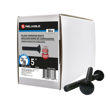 Reliable CBBLK385L Carriage Bolt, 3/8-16 Thread, Coarse, Full Thread, 5 in OAL, Steel, Rustproof, A Grade