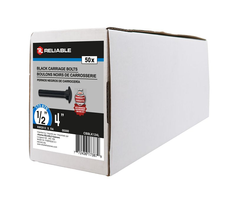 Reliable CBBLK124L Carriage Bolt, 1/2-13 Thread, Coarse, Full Thread, 4 in OAL, Steel, Rustproof, A Grade