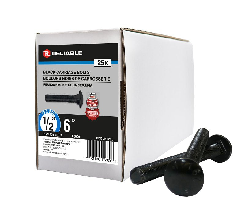 Reliable CBBLK126L Carriage Bolt, 1/2-13 Thread, Coarse, Full Thread, 6 in OAL, Steel, Rustproof, A Grade