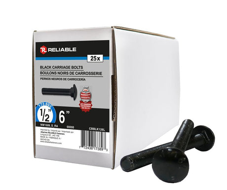 Reliable CBBLK126L Carriage Bolt, 1/2-13 Thread, Coarse, Full Thread, 6 in OAL, Steel, Rustproof, A Grade