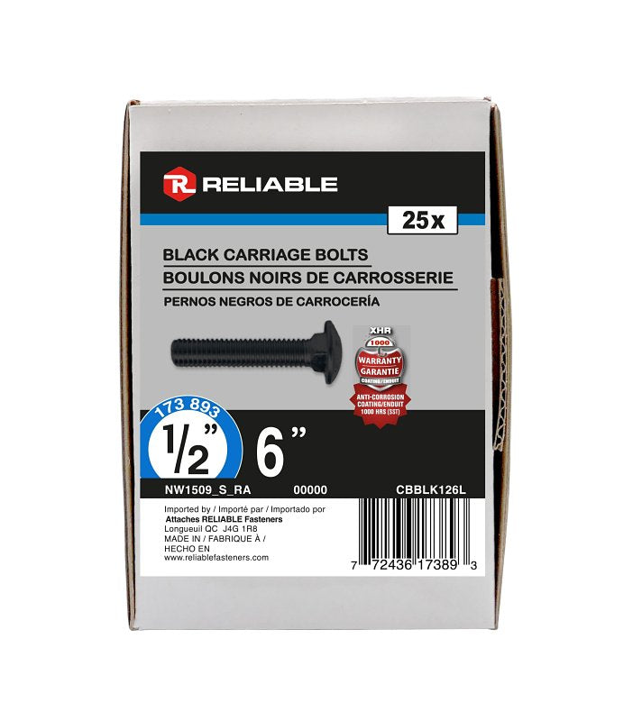Reliable CBBLK126L Carriage Bolt, 1/2-13 Thread, Coarse, Full Thread, 6 in OAL, Steel, Rustproof, A Grade
