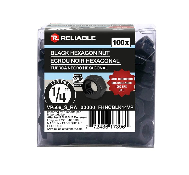 Reliable FHNCBLK14VP Hex Nut, Coarse Thread, 1/4-20 Thread, Steel, ACQ Black Epoxy, 2 Grade