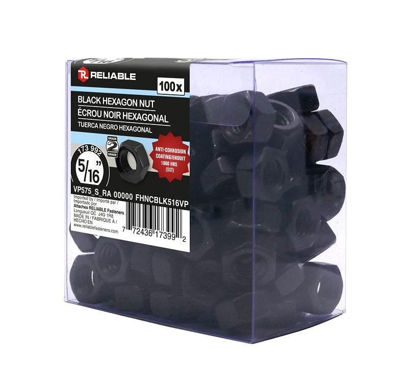 Reliable FHNCBLK516VP Hex Nut, Coarse Thread, 5/16-18 Thread, Steel, ACQ Black Epoxy, 2 Grade