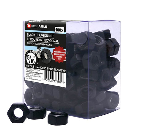 Reliable FHNCBLK516VP Hex Nut, Coarse Thread, 5/16-18 Thread, Steel, ACQ Black Epoxy, 2 Grade
