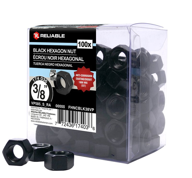 Reliable FHNCBLK38VP Hex Nut, Coarse Thread, 3/8-16 Thread, Steel, ACQ Black Epoxy, 2 Grade