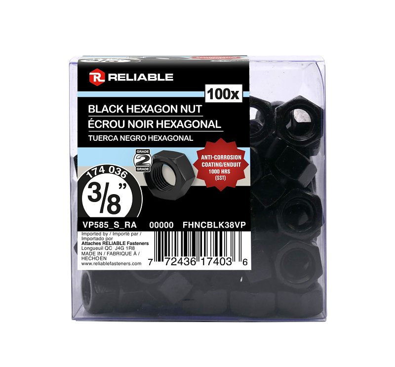 Reliable FHNCBLK38VP Hex Nut, Coarse Thread, 3/8-16 Thread, Steel, ACQ Black Epoxy, 2 Grade