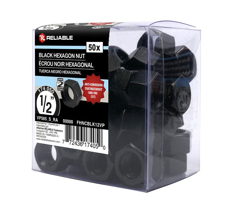 Reliable FHNCBLK12VP Hex Nut, Coarse Thread, 1/2-13 Thread, Steel, ACQ Black Epoxy, 2 Grade