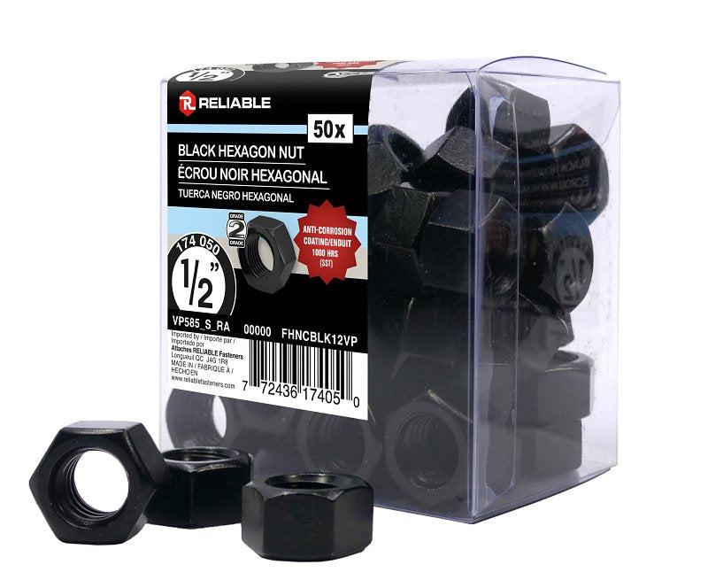 Reliable FHNCBLK12VP Hex Nut, Coarse Thread, 1/2-13 Thread, Steel, ACQ Black Epoxy, 2 Grade