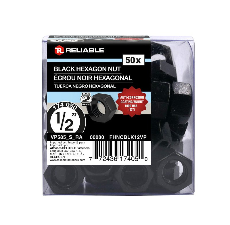 Reliable FHNCBLK12VP Hex Nut, Coarse Thread, 1/2-13 Thread, Steel, ACQ Black Epoxy, 2 Grade