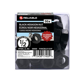 Reliable FHNCBLK12VP Hex Nut, Coarse Thread, 1/2-13 Thread, Steel, ACQ Black Epoxy, 2 Grade