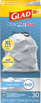Glad ForceFlexPlus XL 78913 Kitchen Trash Bag, XL, 20 gal, White
