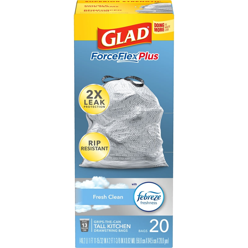 Glad ForceFlex, MaxStrength Series 79208 Trash Bag, XL, 13 gal, Plastic, White, Pack of 6