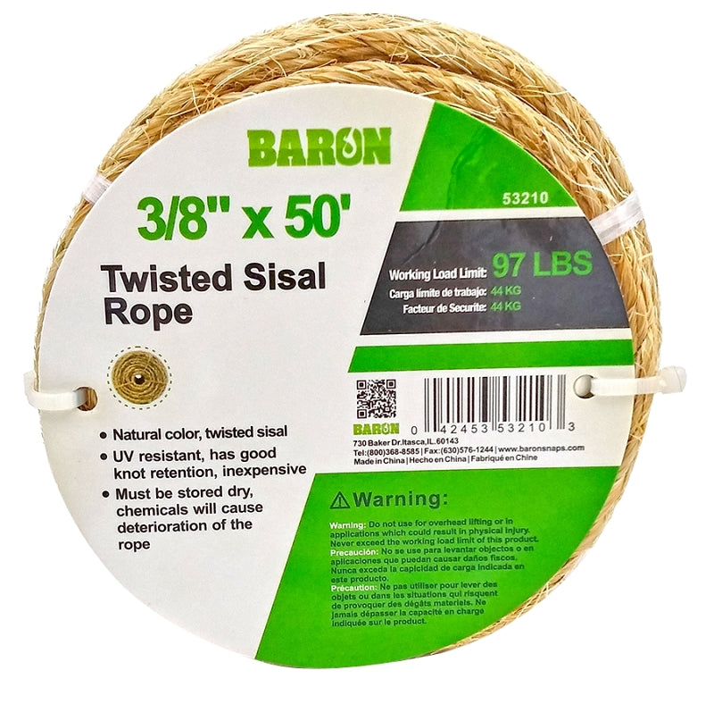 Baron 53210 Rope, 3/8 in Dia, 50 ft L, 97 lb Working Load, Sisal, Natural