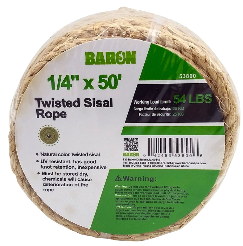 Baron 53800 Rope, 1/4 in Dia, 50 ft L, 54 lb Working Load, Sisal, Natural