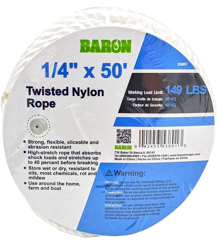 Baron 53801 Rope, 1/4 in Dia, 50 ft L, 149 lb Working Load, Nylon, White