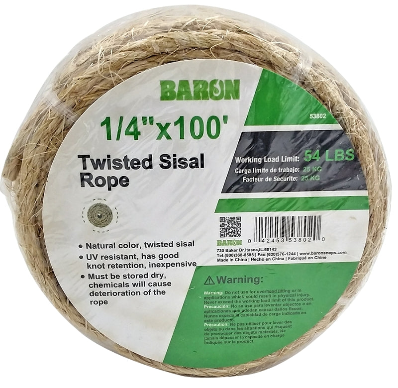 Baron 53802 Utility Rope, 1/4 in Dia, 100 ft L, 54 lb Working Load, Sisal