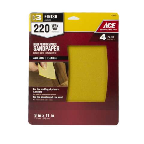 Ace 11 in. L X 9 in. W 220 Grit Aluminum Oxide All Purpose Sandpaper 4 pk