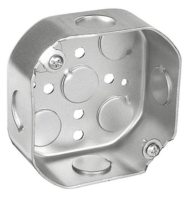 Southwire 54151-1/2-UPC Octagon Box, 4 in OAW, 1-1/2 in OAD, 4 in OAH, 9-Knockout, Steel Housing Material, Silver