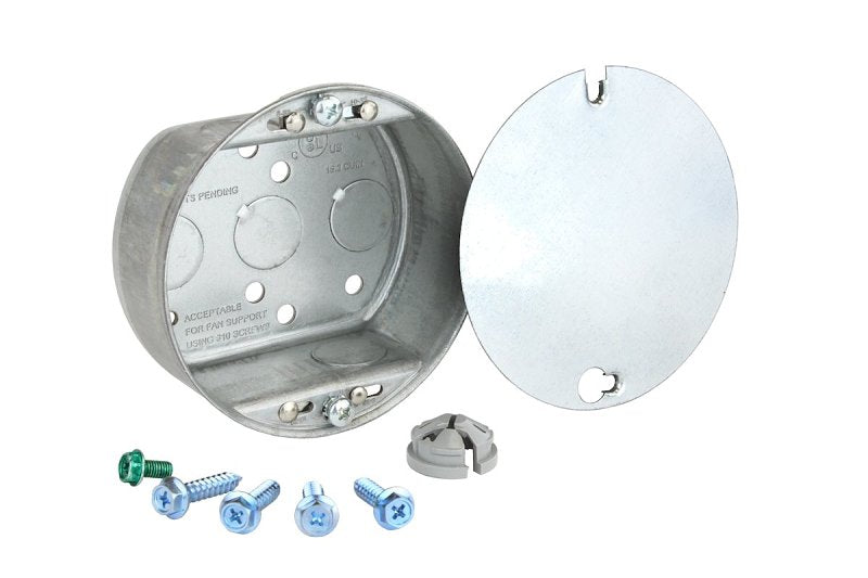 Southwire 54151-FANNB-UPC Ceiling Box, 4 in W, 1-1/2 in D, 9-Knockout, Steel, Silver, Galvanized