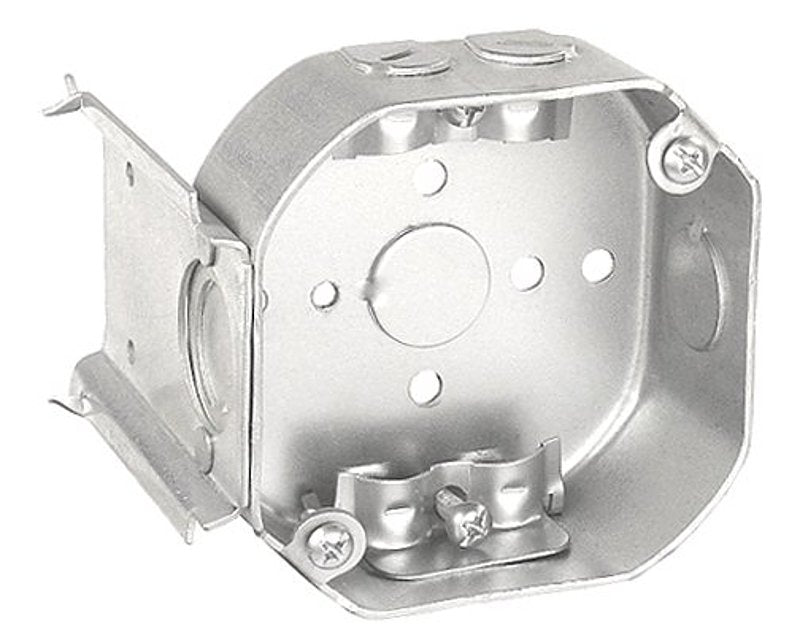 Southwire 54171-JBR-UPC Octagon Bracketed Box, 4 in OAW, 2-1/8 in OAD, 7-Knockout, Steel Housing Material, Silver