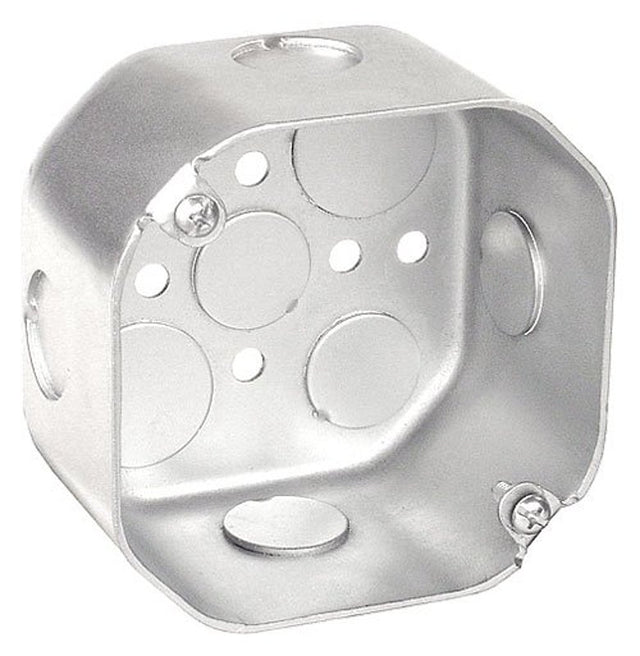 Southwire 54171-1/2-UPC Octagon Box, 4 in OAW, 2-1/8 in OAD, 7-Knockout, Steel Housing Material, Silver, Galvanized