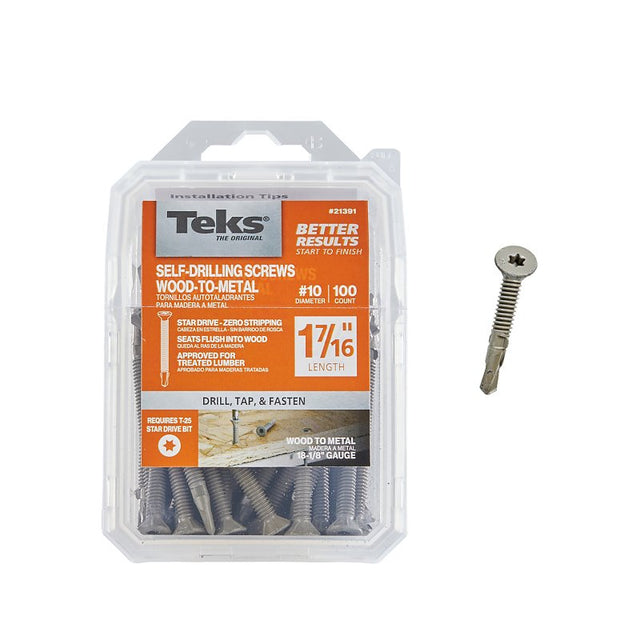 Teks 21391 Self-Drilling Screw with Wing, #10 Thread, 1-7/16 in L, Coarse Thread, Flat Head, Star Drive, Drill Point