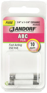 Jandorf 60606 Fast Acting Fuse, 10 A, 250 V, 200 A, 10 kA Interrupt, Ceramic Body
