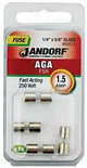 Jandorf 60613 Series Fast Acting Fuse, 0.07 Ohm, 1.5 A, 250 V, 100 A, 10 kA Interrupt, Glass Body