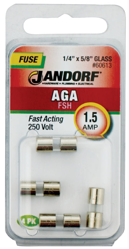 Jandorf 60613 Series Fast Acting Fuse, 0.07 Ohm, 1.5 A, 250 V, 100 A, 10 kA Interrupt, Glass Body