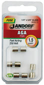 Jandorf 60613 Series Fast Acting Fuse, 0.07 Ohm, 1.5 A, 250 V, 100 A, 10 kA Interrupt, Glass Body