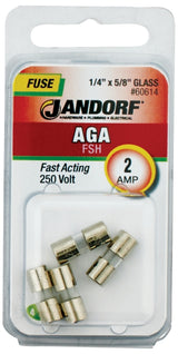 Jandorf 60614 Fast Acting Fuse, 2 A, 250 V, 100, 200 A Interrupt, Glass Body