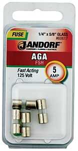 Jandorf 60617 Fast Acting Fuse, 5 A, 125 V, 1 kA Interrupt, Glass Body